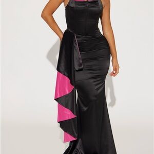 Fashion Nova Tokyo Nights Corset Satin Gown - Black and Pink